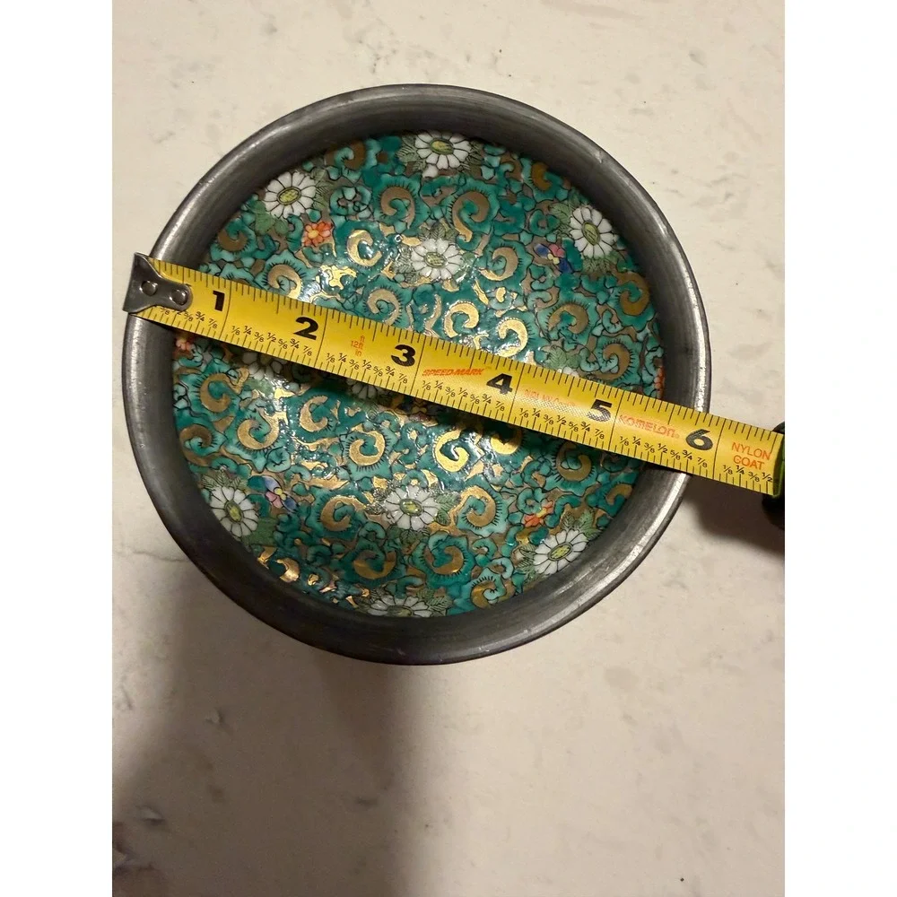 Vintage ACF Japanese Porcelain Ware Pewter Encased Bowl Hong Kong Floral  6